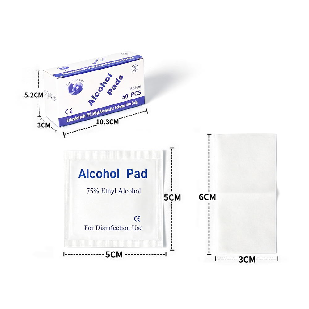 50 Cái/hộp 75% Khăn lau cồn Ethyl khử trùng 6x3cm được bọc riêng để sơ cứu & chăm sóc cá nhân