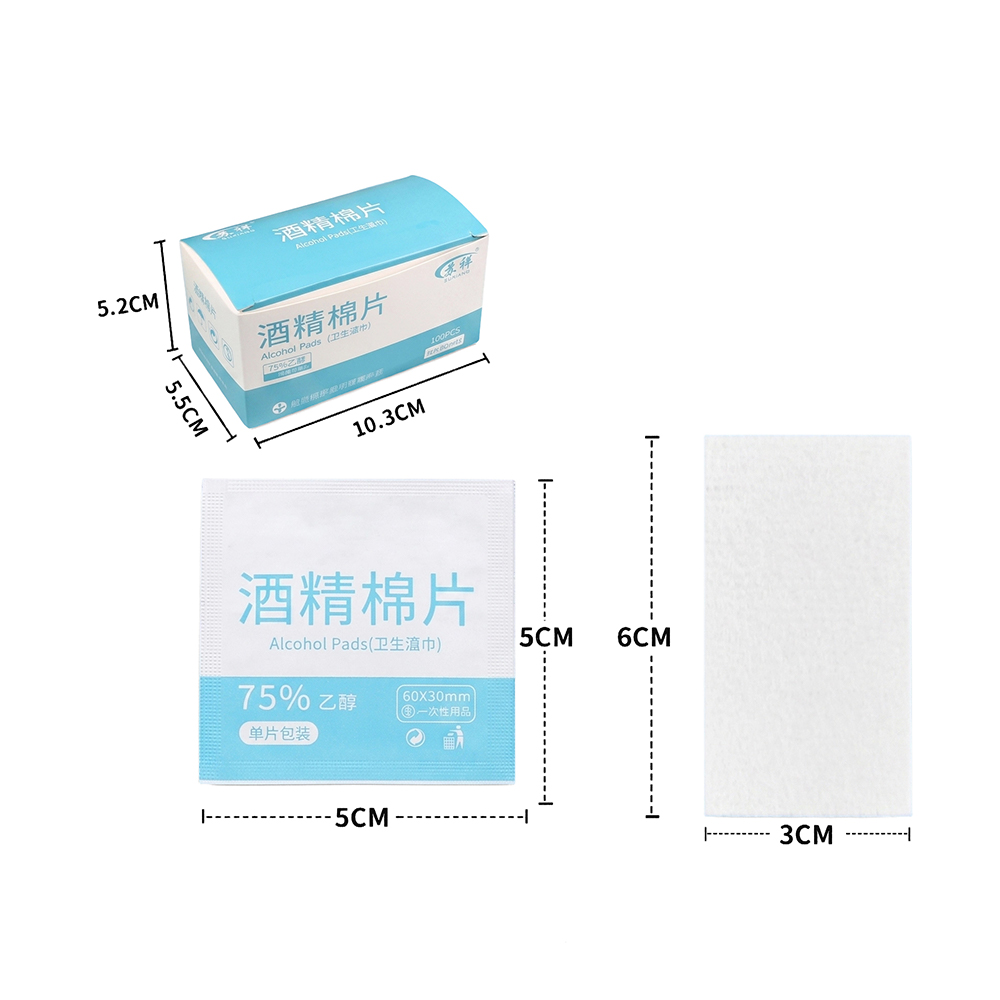 100 Miếng/hộp Miếng đệm chuẩn bị cồn 75% (6x3cm) dành cho Gia đình, Văn phòng & Sơ cứu